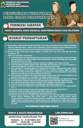 TELAH DIBUKA, PENDAFTARAN PENGISIAN PERANGKAT DESA BADAMITA TAHUN 2025